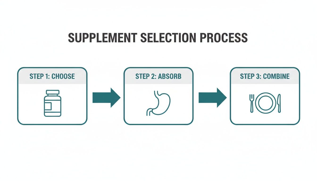 Illustration of the supplement selection process: choose, absorb, and combine steps with icons.