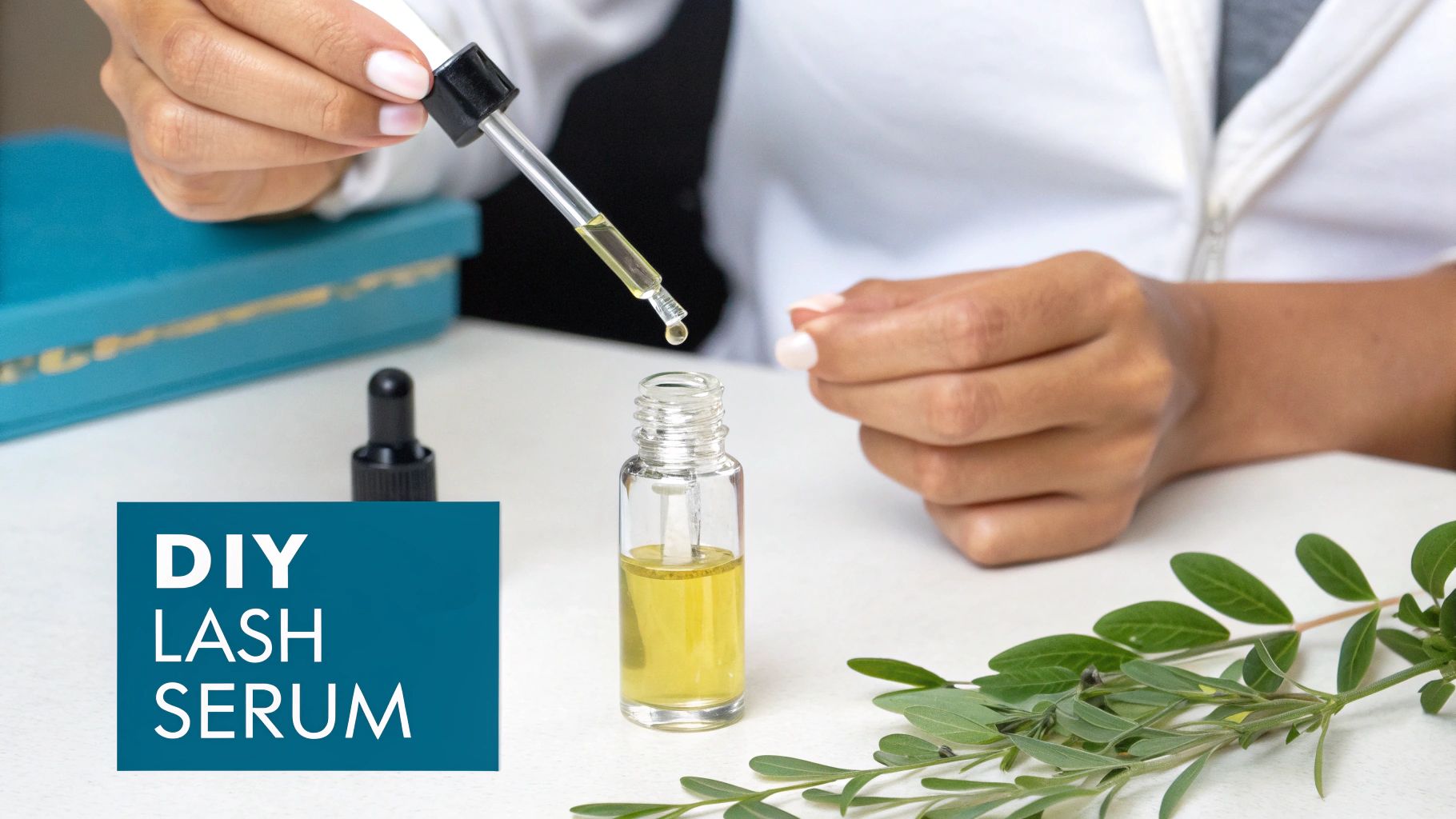 A person uses a dropper to transfer yellow liquid into a small clear bottle, demonstrating a DIY lash serum.