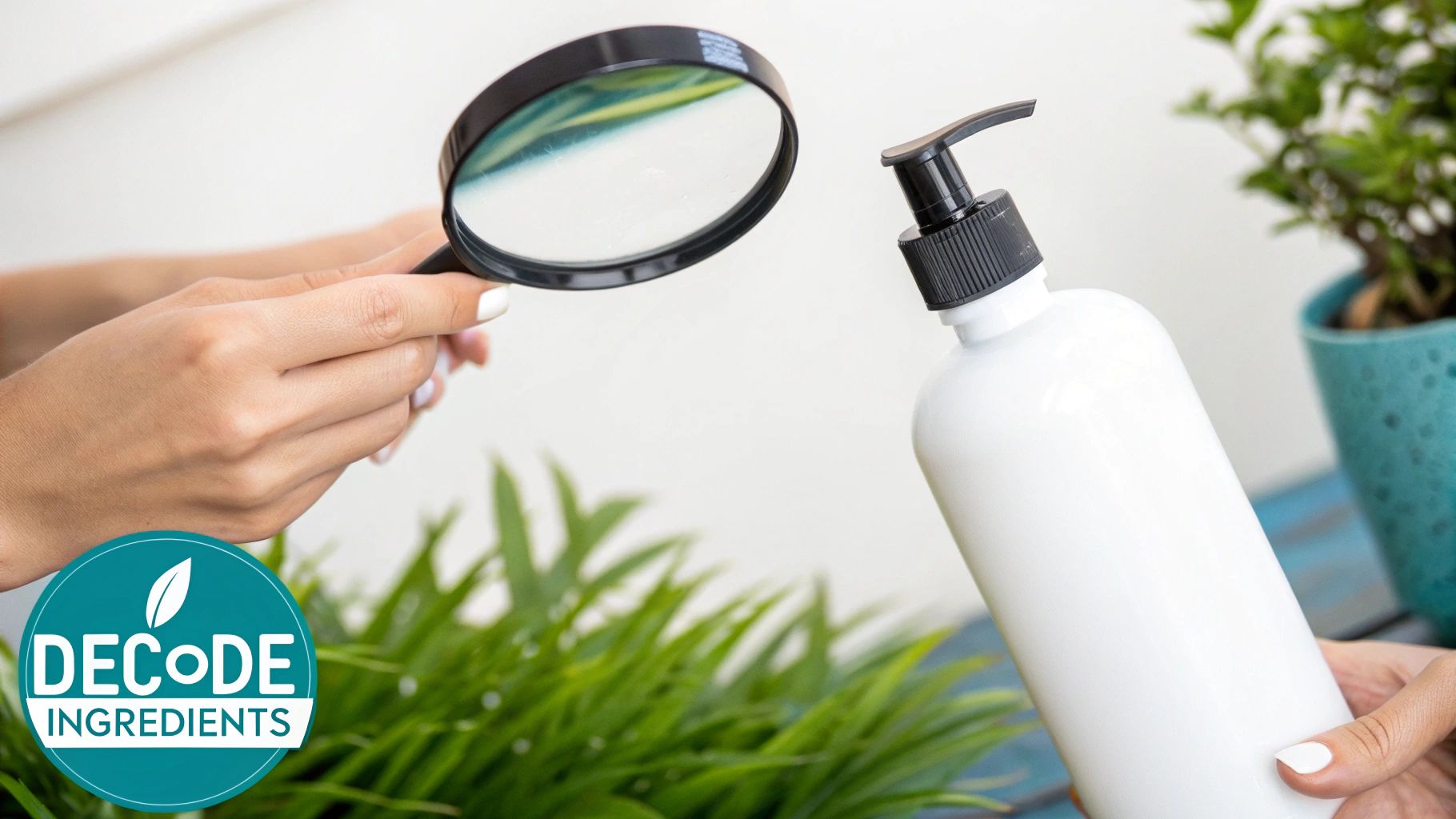 A person uses a magnifying glass to examine ingredients on a white lotion bottle, highlighting product scrutiny.