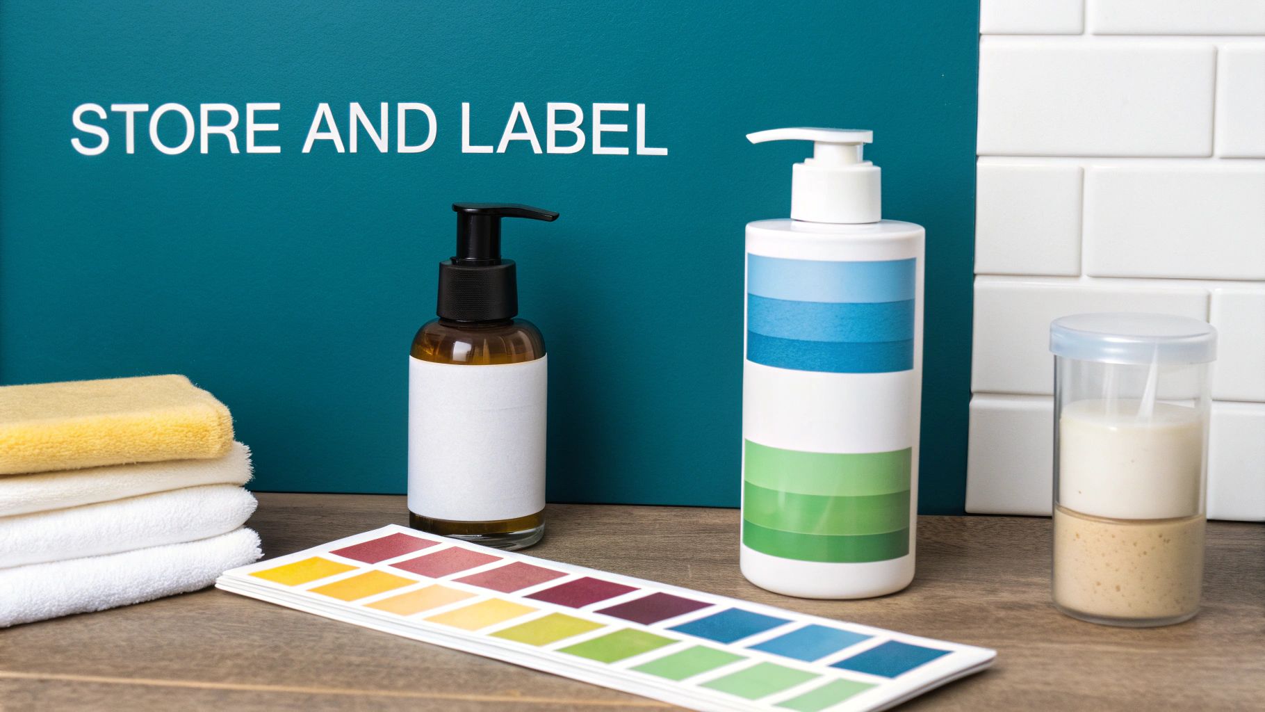 A person carefully bottling a homemade lotion into a clean, white airless pump container.