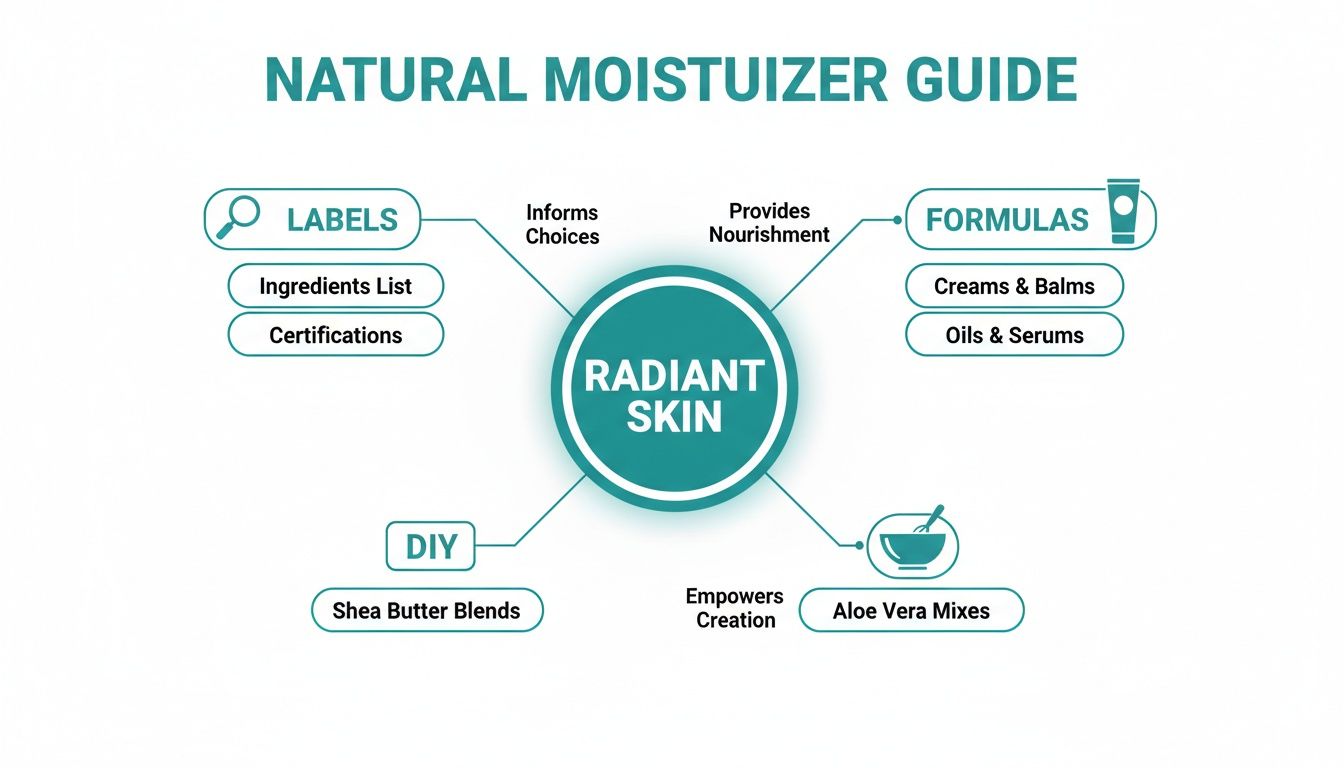 Infographic showing a natural moisturizer guide with labels, formulas, and DIY options for radiant skin.