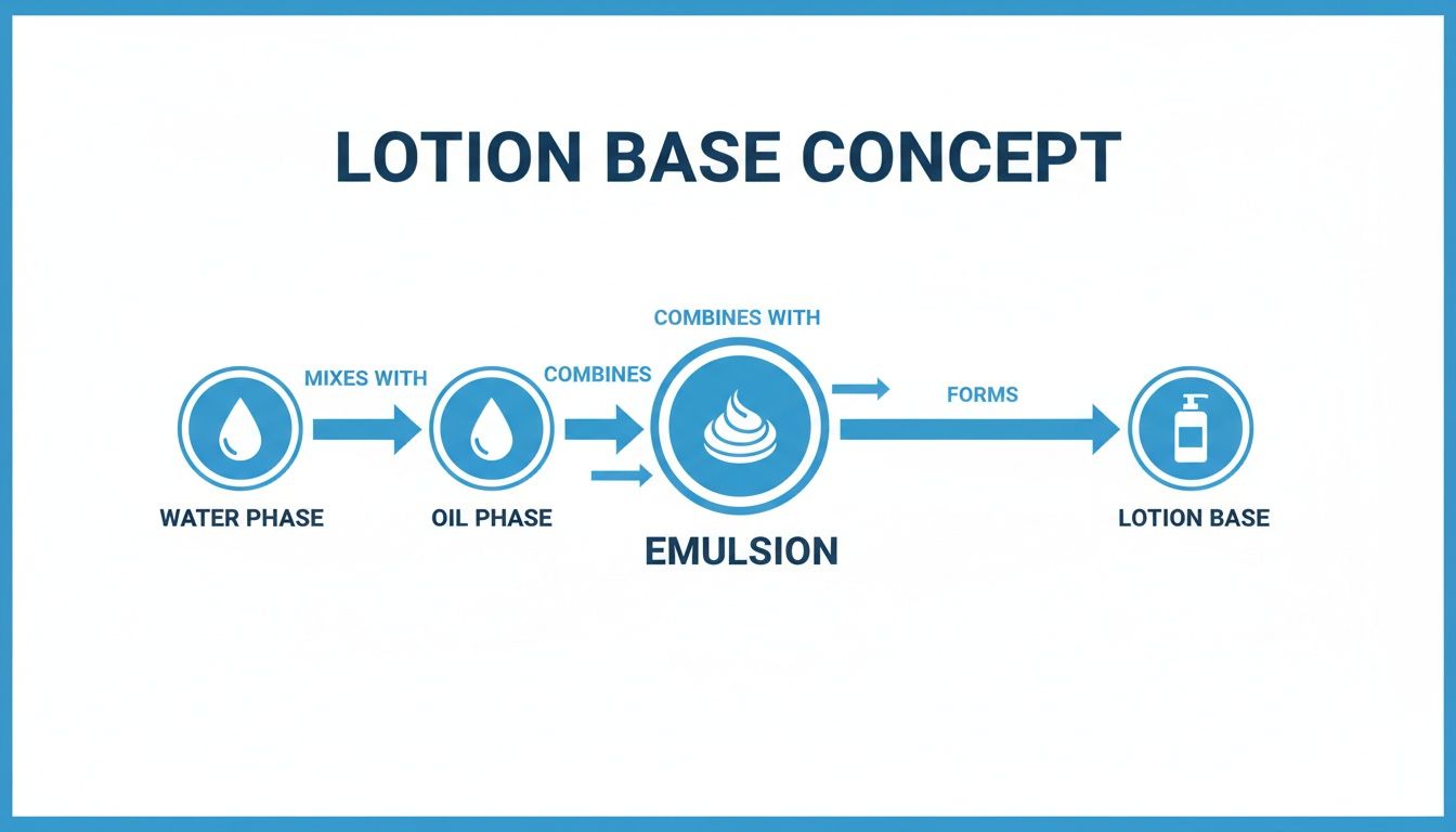 A flowchart illustrating the process of creating a lotion base, combining water and oil phases into an emulsion.