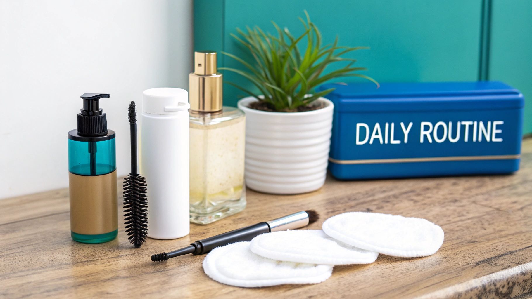 Various beauty and skincare products, including a lotion pump, mascara, makeup brush, and cotton pads, for a daily routine.