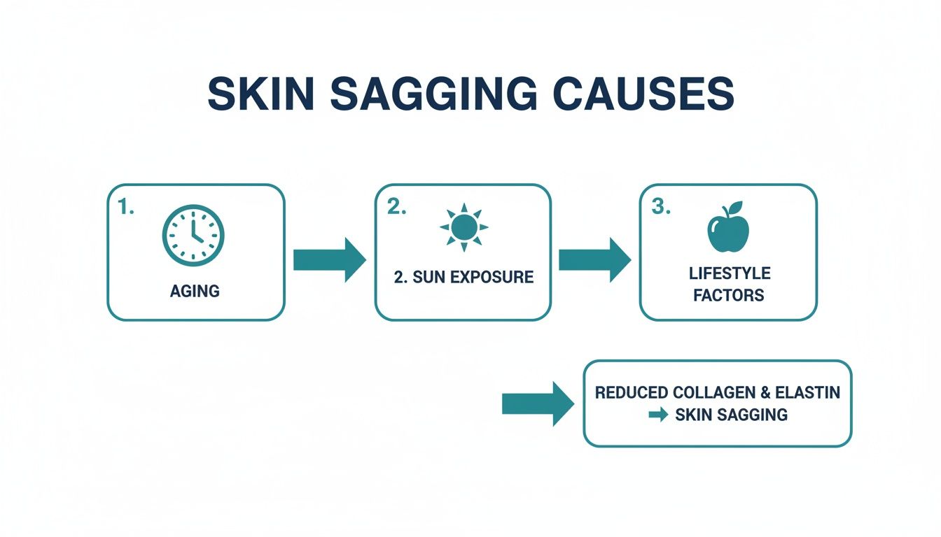 Flowchart illustrating the causes of skin sagging: aging, sun exposure, and lifestyle factors, leading to reduced collagen.