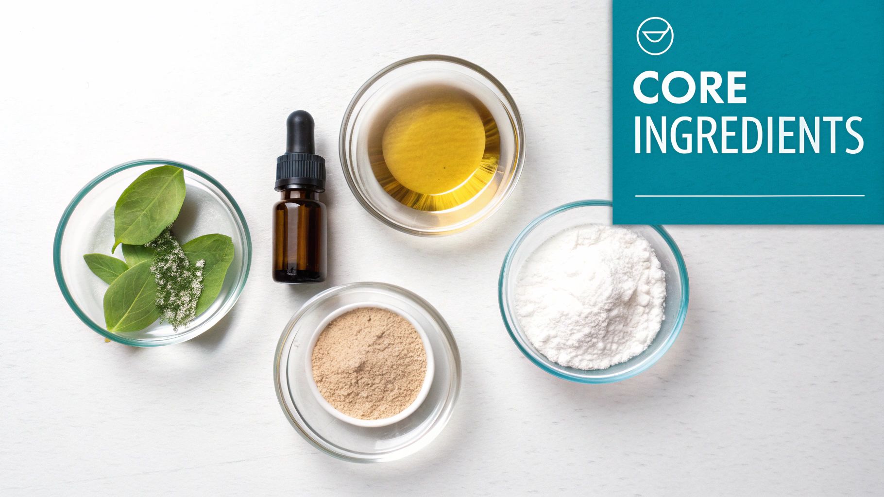 Assortment of core ingredients for natural skincare or homemade remedies, including leaves, oils, and powders.