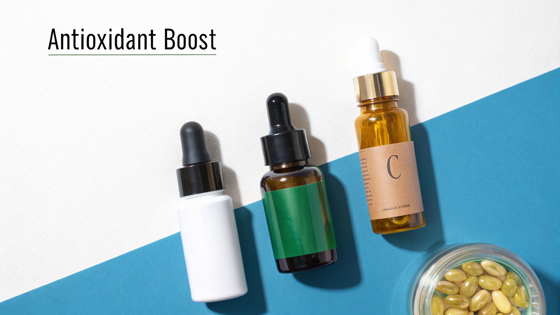Three antioxidant serum bottles and supplement capsules on a white and blue background with text.
