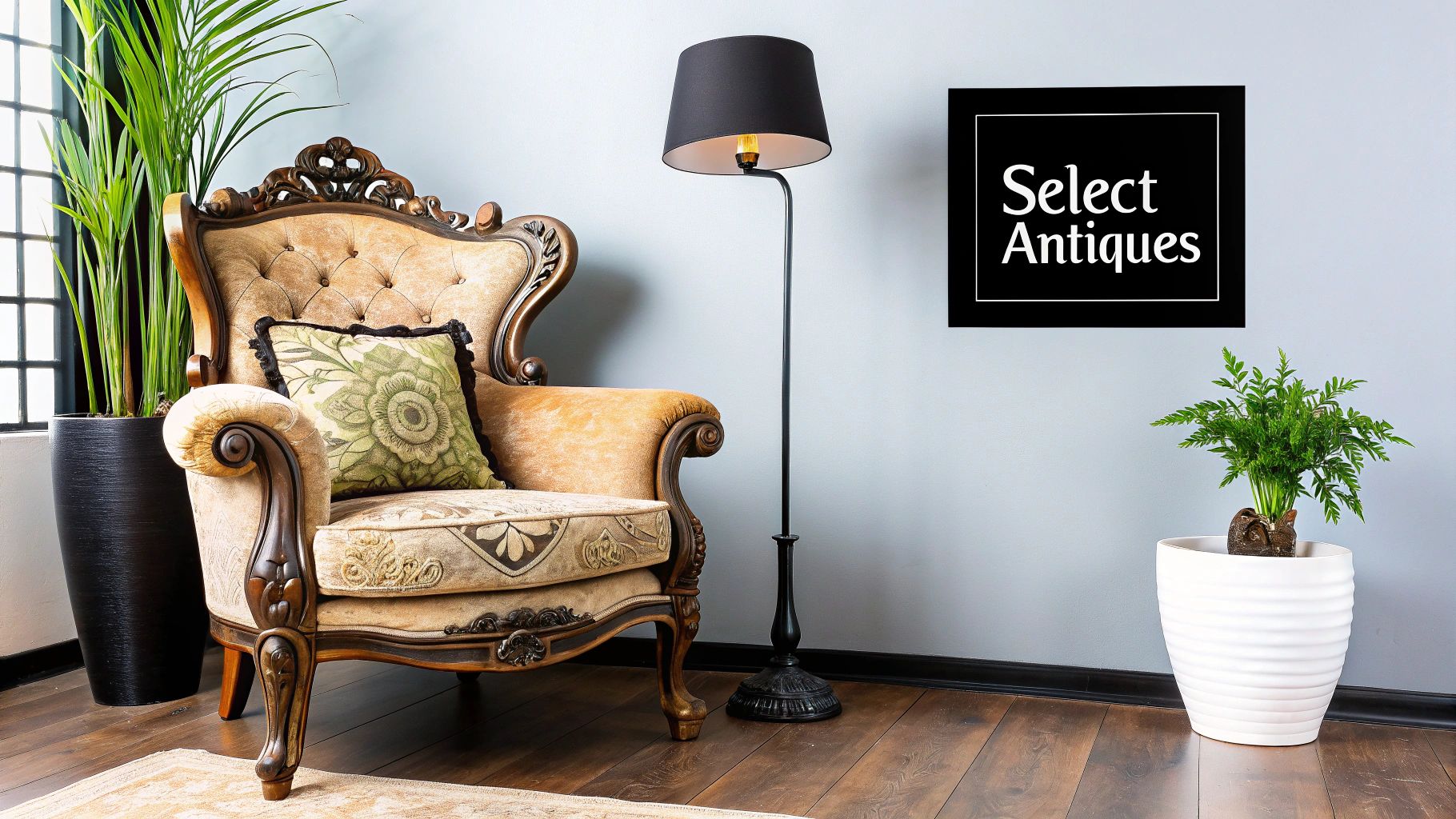Image of a room mixing modern and antique furniture