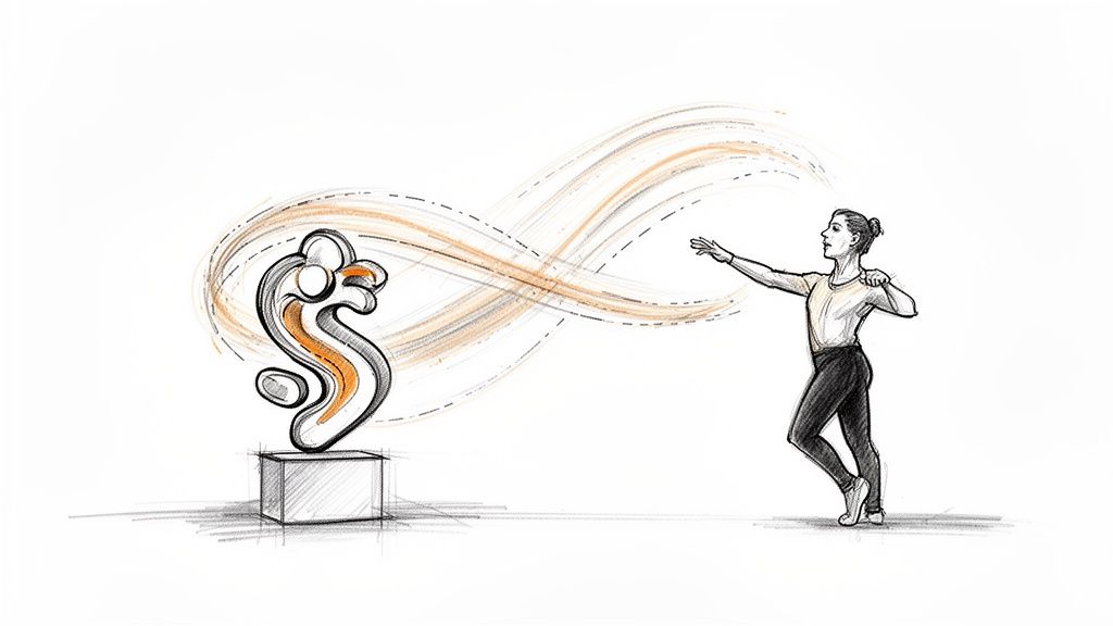 A dynamic sketch of a woman reaching towards an abstract sculpture, connected by flowing lines of motion.