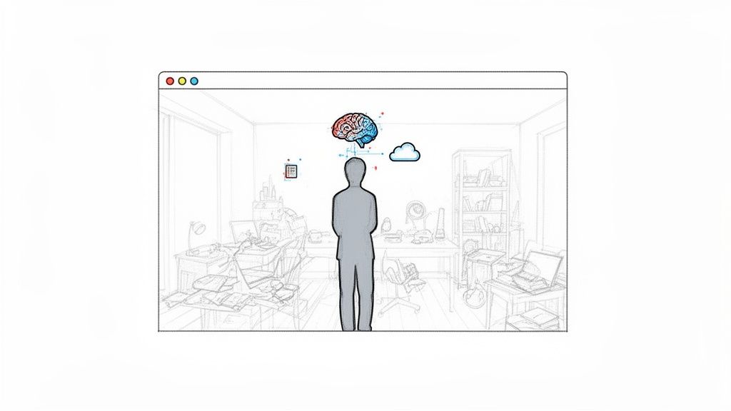A person in a sketched digital workspace contemplating a brain and cloud icon.
