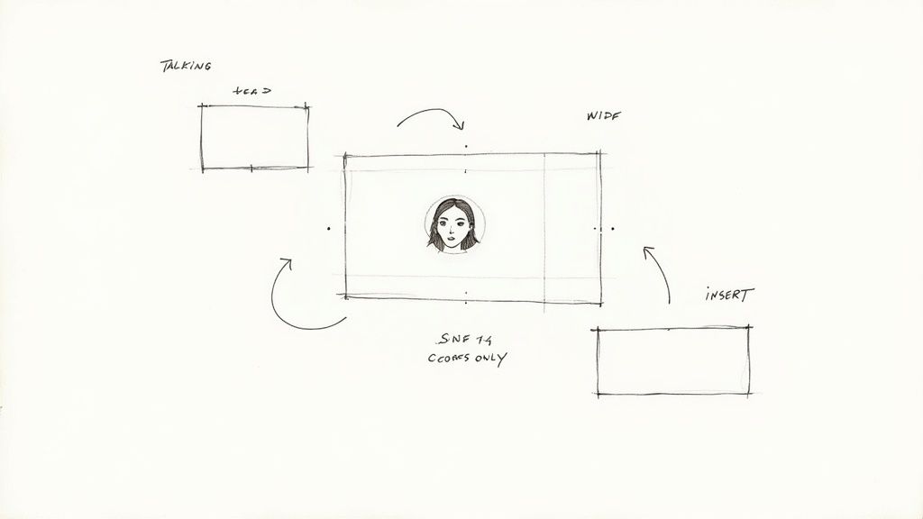 Conceptual diagram demonstrating video framing: wide shot with a face, talking head, and insert shots.
