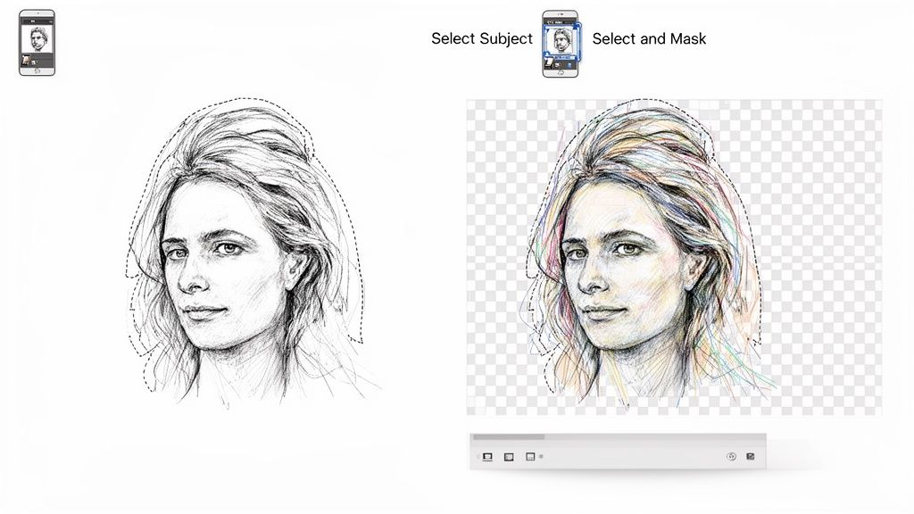 Illustration demonstrating selecting a subject and masking a woman's face for a transparent background.