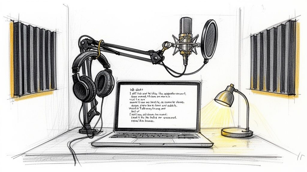 A detailed sketch of a podcast or voice-over recording setup with microphone, headphones, and laptop.
