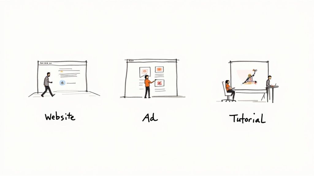 Illustrations depicting a person interacting with a website, another presenting an ad, and two people watching a tutorial.