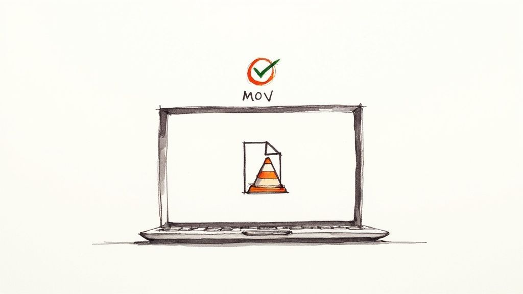 A hand-drawn illustration shows a laptop displaying a MOV file icon with a VLC cone, indicating successful playback.