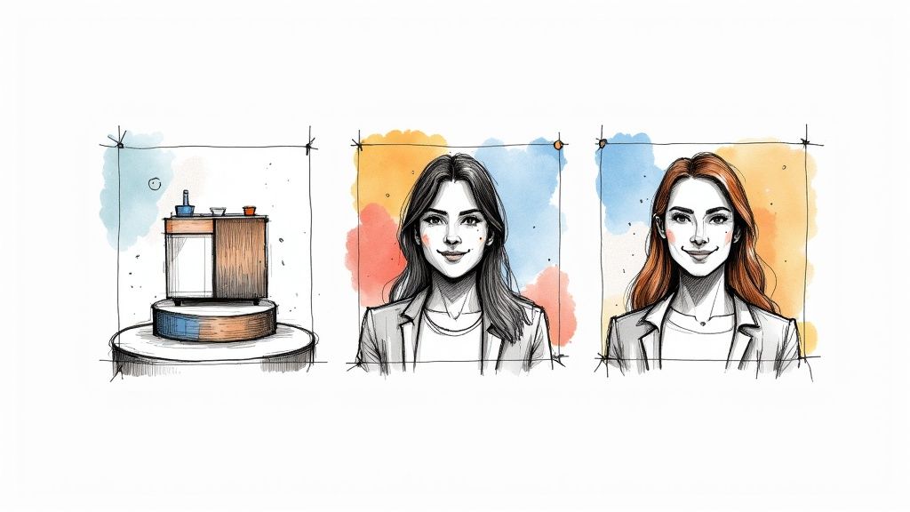 A person's video call on a laptop with the background replaced with a branded office setting