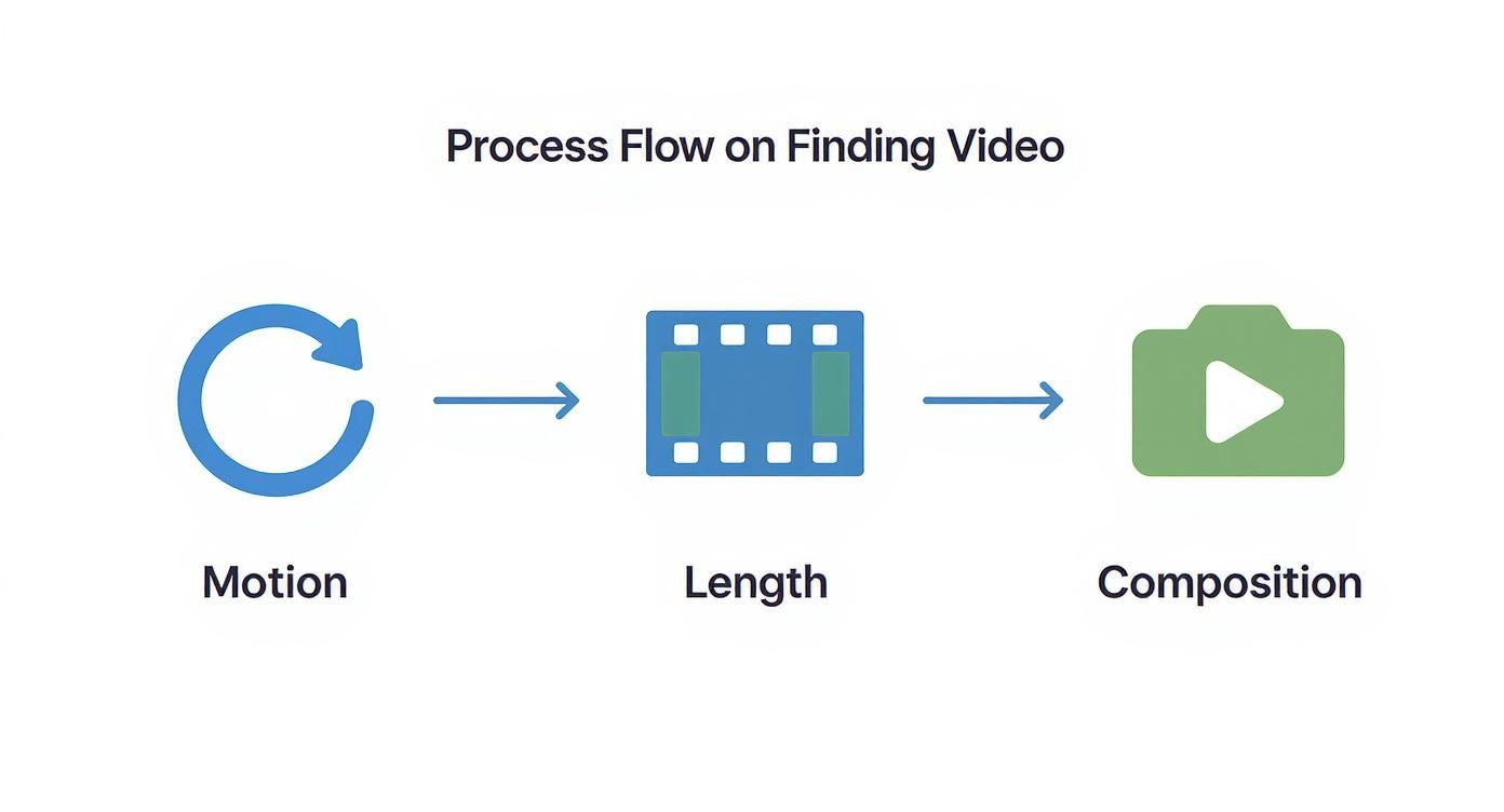 Infographic showing a process flow for finding a good video for a GIF, with icons for Motion, Length, and Composition.