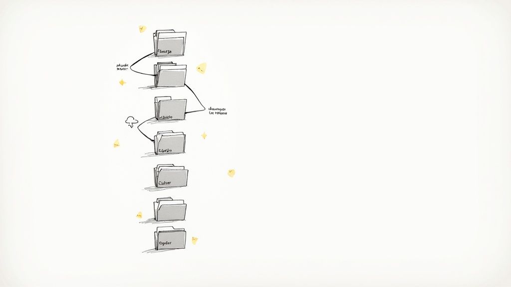 A hand-drawn diagram illustrating a vertical file organization system with labeled folders and workflow annotations.