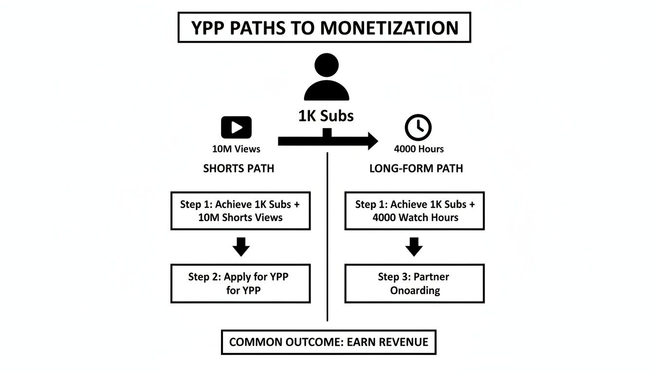Flowchart detailing YouTube Partner Program (YPP) monetization paths: Shorts (10M views) and Long-Form (4000 hours) with 1K subscribers.