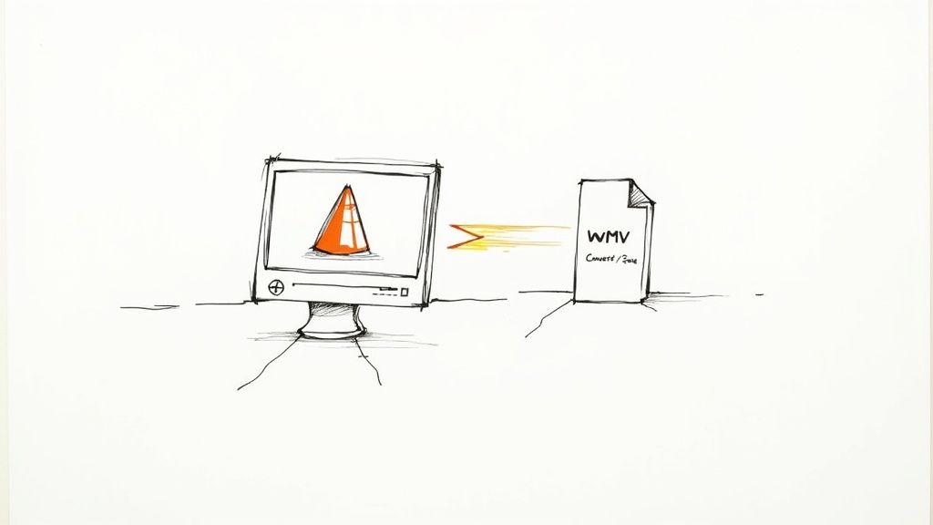 A hand-drawn image showing a computer displaying a VLC cone icon, converting it into a WMV file.