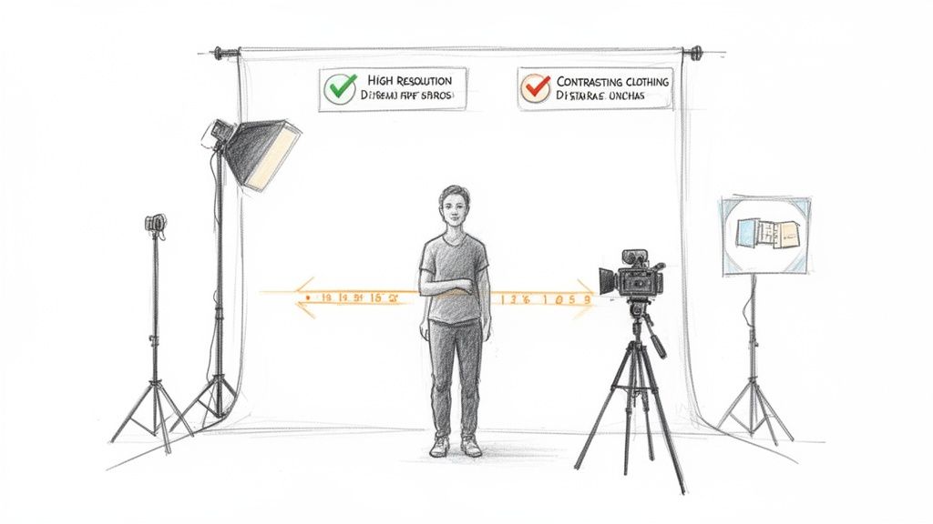 Illustration of a person being filmed in a professional studio setting with lighting and camera gear.