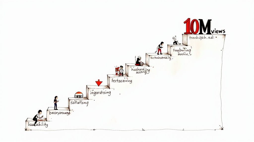 A cartoon illustration of a staircase showing steps and people progressing towards 10M views.