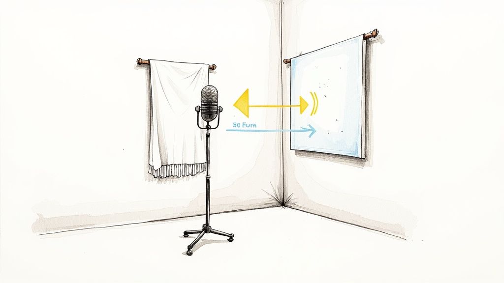 A person adjusting a microphone in a home recording setup with acoustic foam panels on the wall.