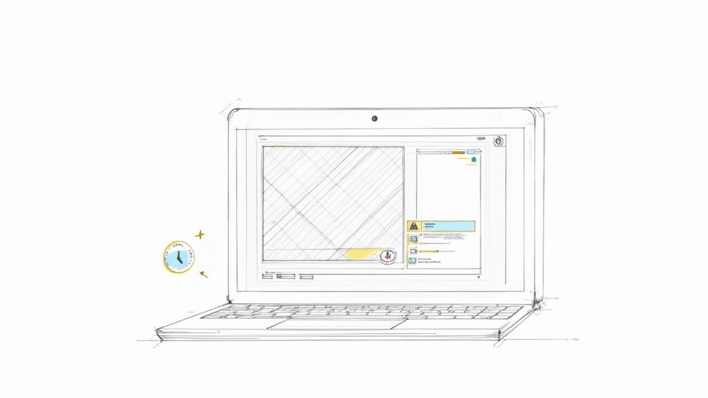 A hand-drawn sketch of a laptop displaying a complex user interface with a clock icon next to it.