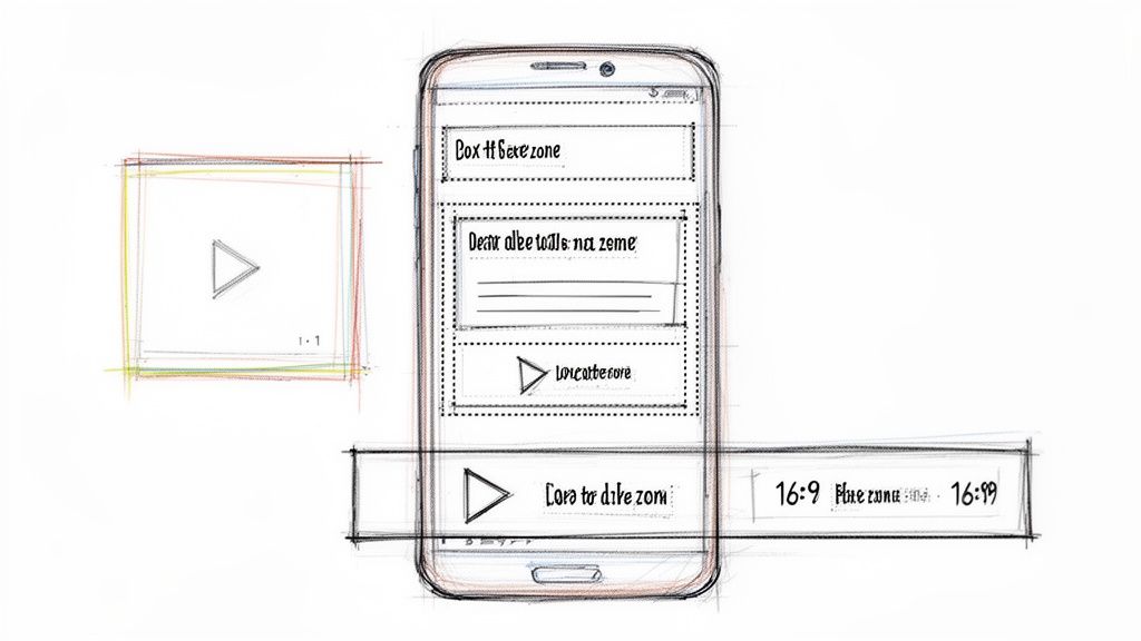 Hand-drawn mobile app wireframe featuring video player interface, text inputs, and play buttons.