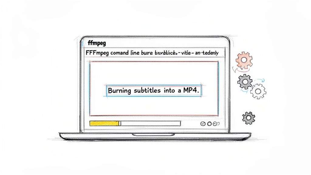 A sketch of a laptop displaying a terminal window with text 'Burning subtitles into a MP4' using ffmpeg.