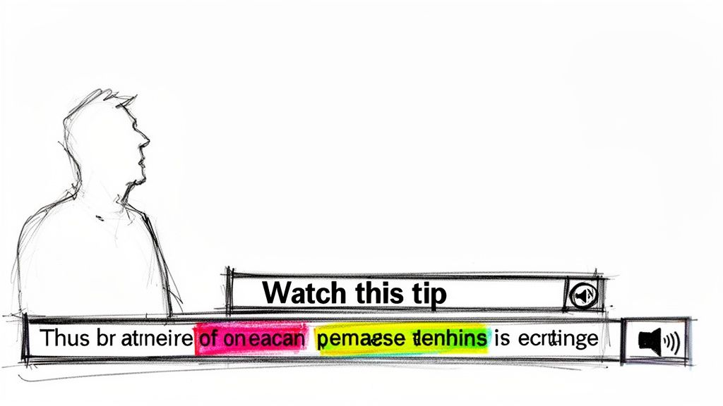 A hand-drawn sketch showing a person watching a video player with captions displaying 'Watch this tip' and highlighted text.