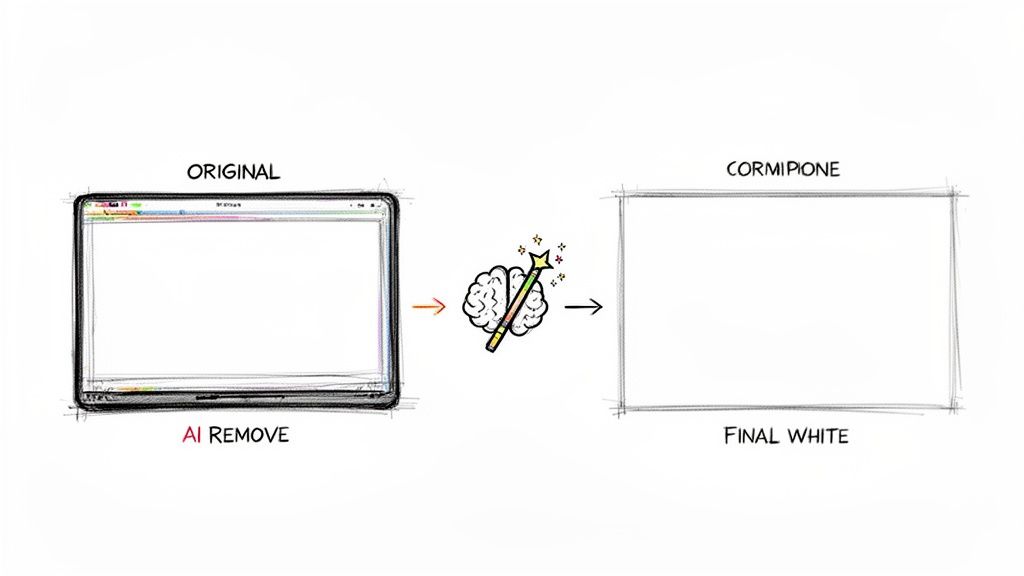 Diagram illustrating how an original screen's content is transformed by AI into a final white background.