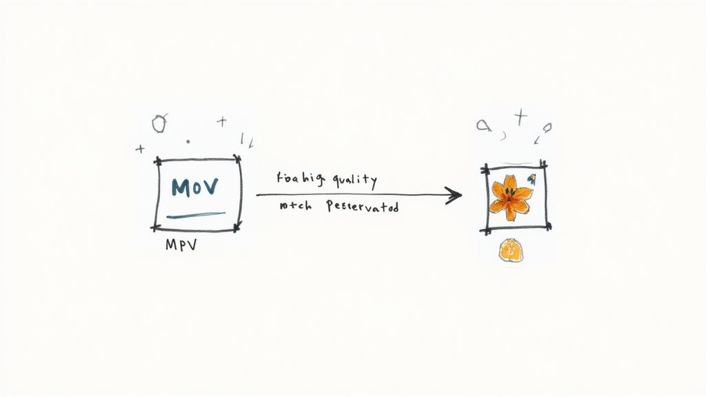 A diagram illustrating the conversion of an MOV file to a high-quality, preserved image of an orange flower.