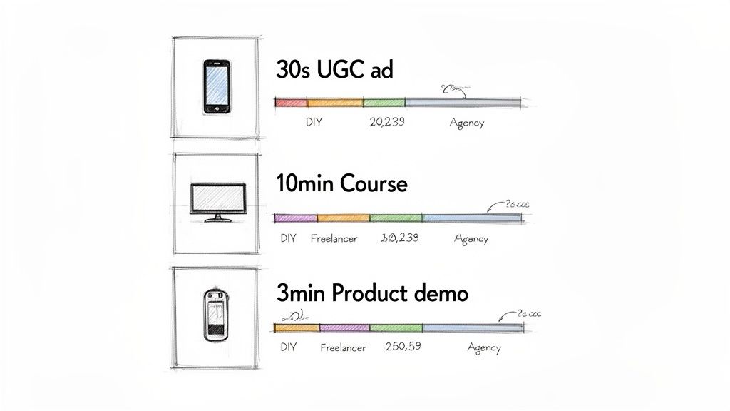 Chart comparing video production costs for UGC ads, courses, and product demos across DIY, freelancer, and agency.