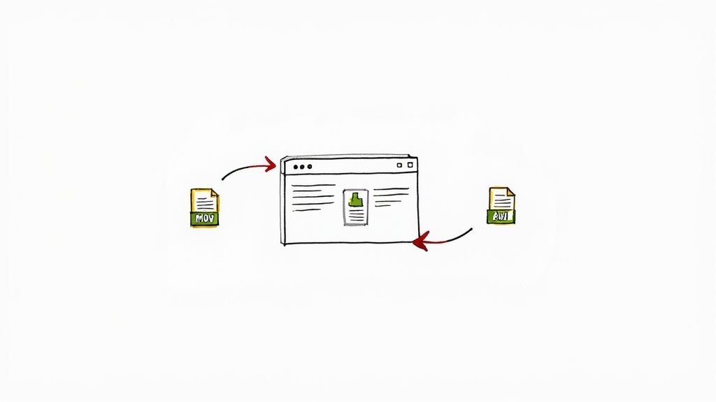 A minimalist design showing a cloud with an upload arrow and file icons, representing online file conversion services.