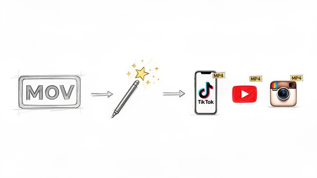 Diagram showing MOV file conversion to MP4 for TikTok, YouTube, and Instagram using a magic pen.