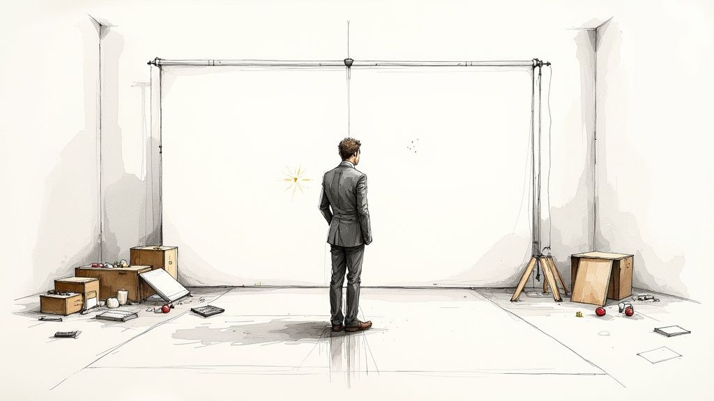 A man in a suit stands in a minimalist studio, facing a large white screen.