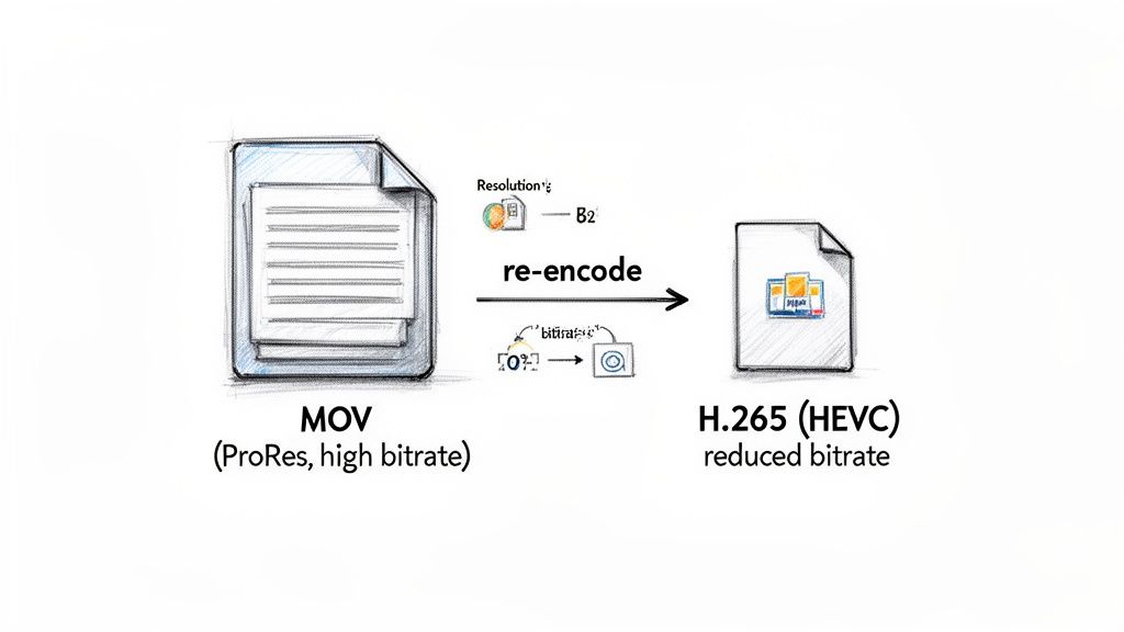 Diagram illustrating the process of re-encoding a MOV video file to H.265 (HEVC) for reduced bitrate.