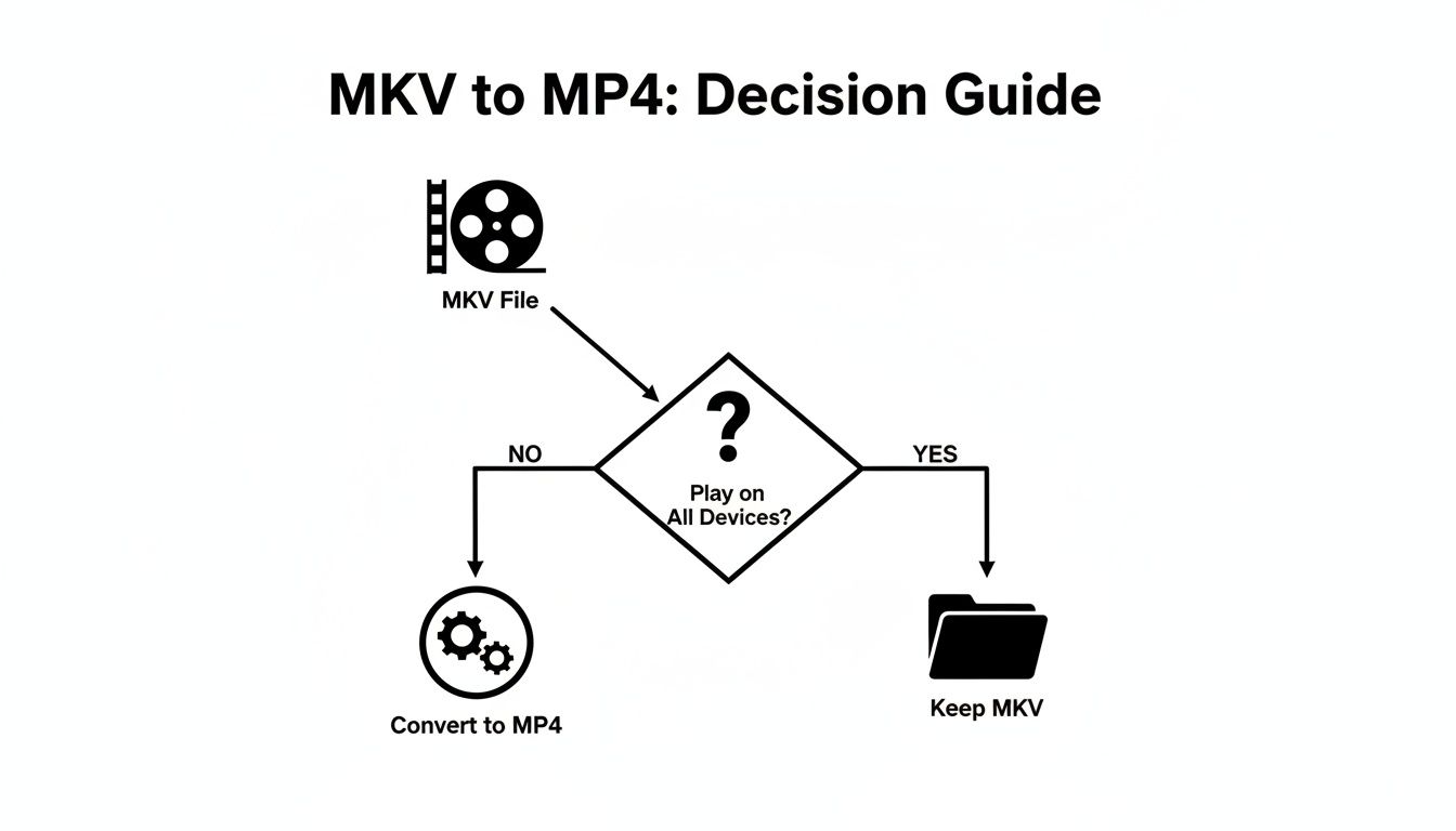 A flowchart guiding the decision to convert MKV files to MP4 or keep them based on device compatibility.