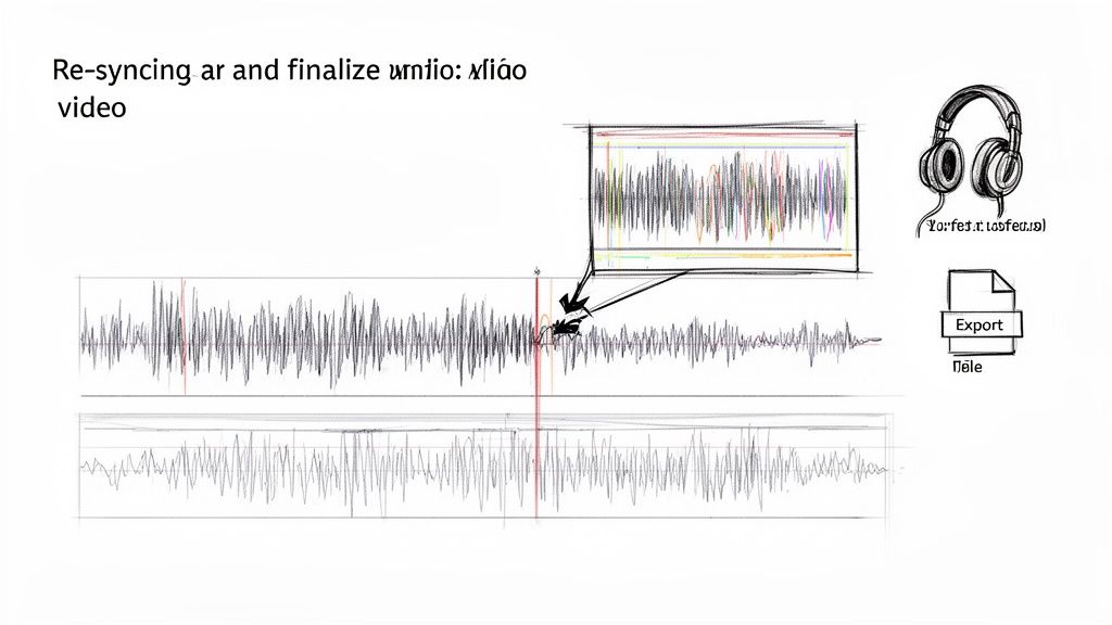 Illustration depicting the process of re-syncing audio and video tracks for finalization, with waveforms, headphones, and export option.