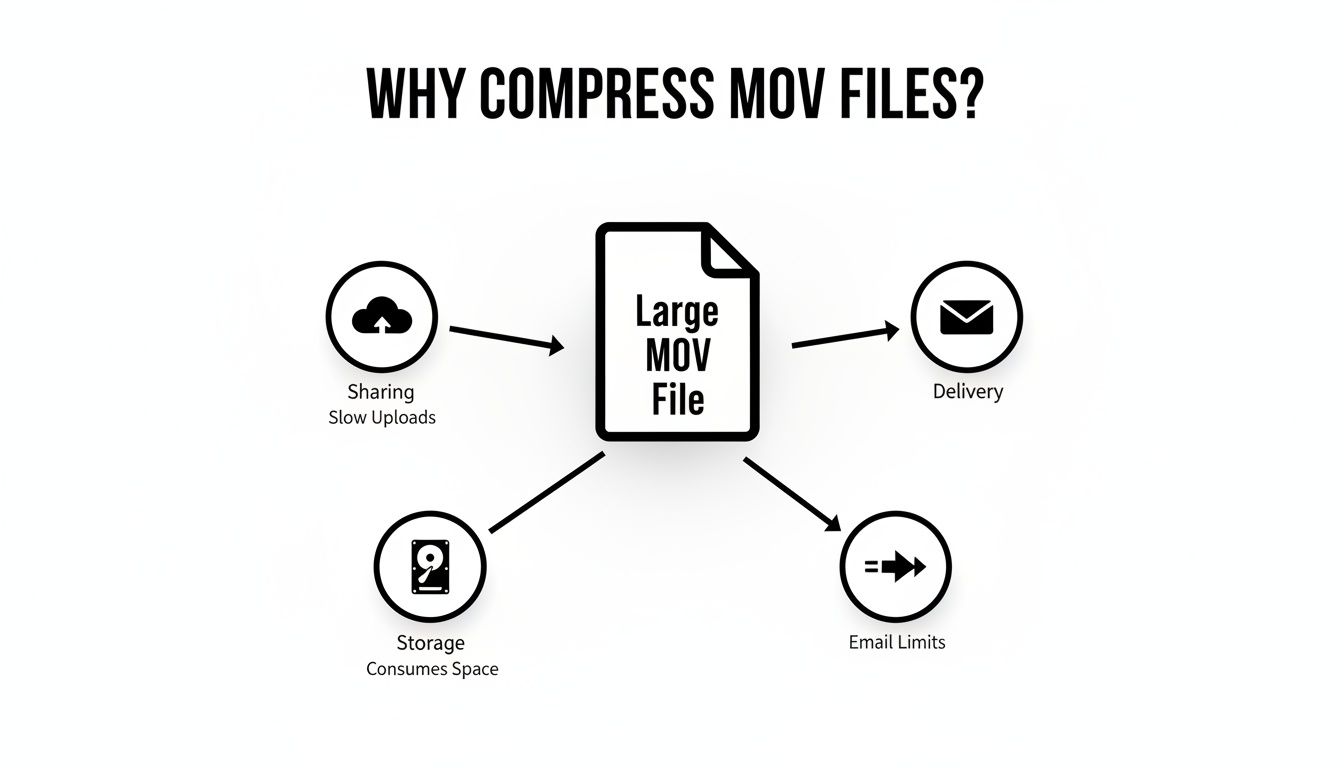 Diagram explaining why to compress large MOV files, citing issues with sharing, delivery, storage, and email limits.