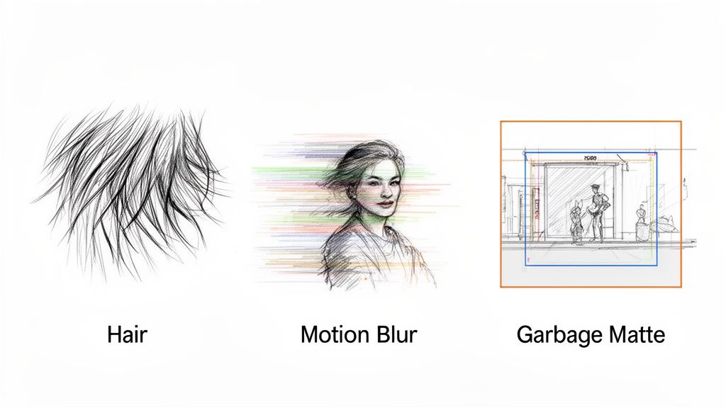 Three illustrations showcasing visual effects: detailed hair rendering, a motion blur effect on a woman's portrait, and a garbage matte outlining a scene.