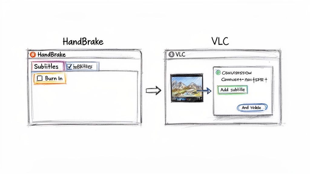 Sketches illustrate adding subtitles to a video using HandBrake and VLC software interfaces.