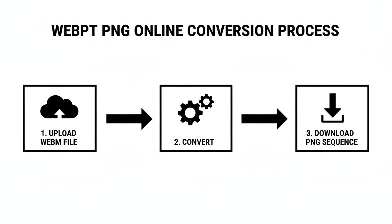 A three-step online process for converting a WEBM video file into a PNG image sequence, with icons for upload, convert, and download.