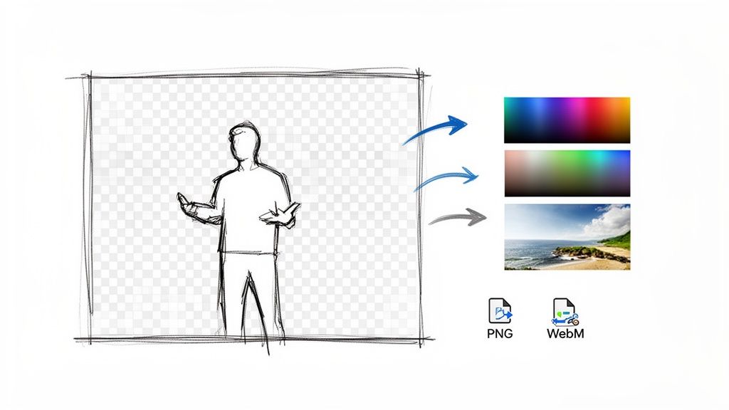 Diagram illustrating a person on a transparent background with options for color, image backgrounds, and PNG/WebM export.