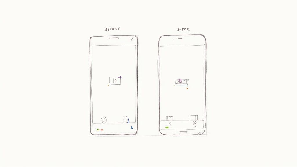 Two hand-drawn smartphone sketches show a 'BEFORE' screen with a play icon and an 'AFTER' screen with a numeric counter.