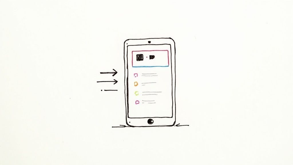 Sketch of a smartphone app showing a list with colored checkboxes and incoming arrows.