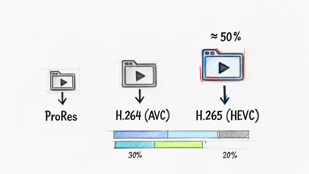 Visual comparison of video codecs ProRes, H.264, and H.265, demonstrating H.265's significant file size reduction.