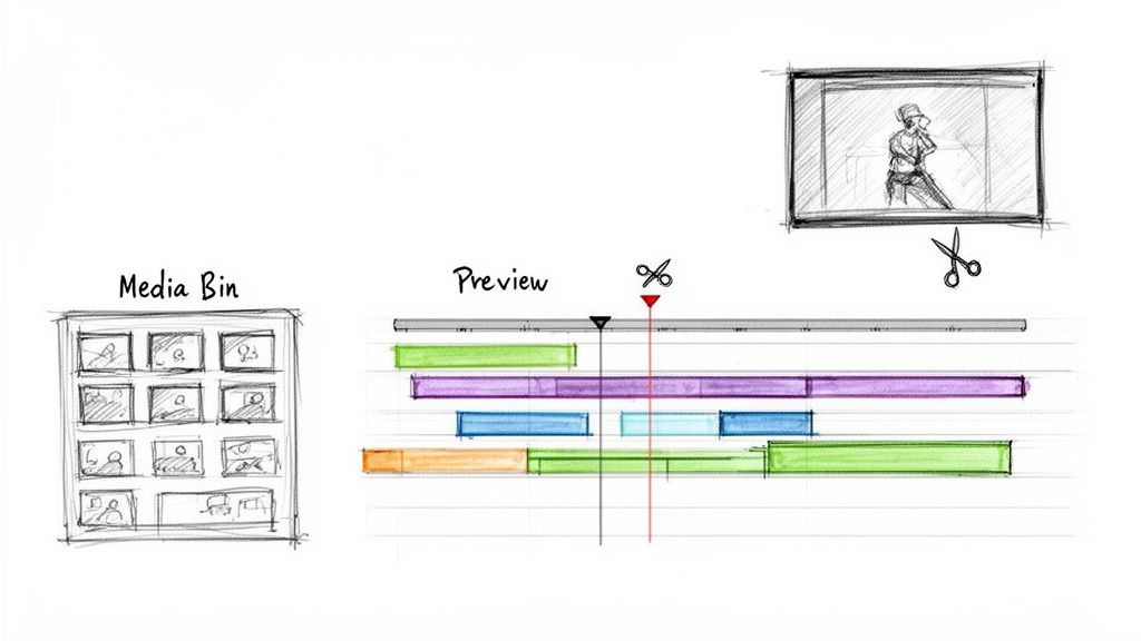 A hand-drawn sketch illustrating a video editing interface with a media bin, preview screen, and timeline.