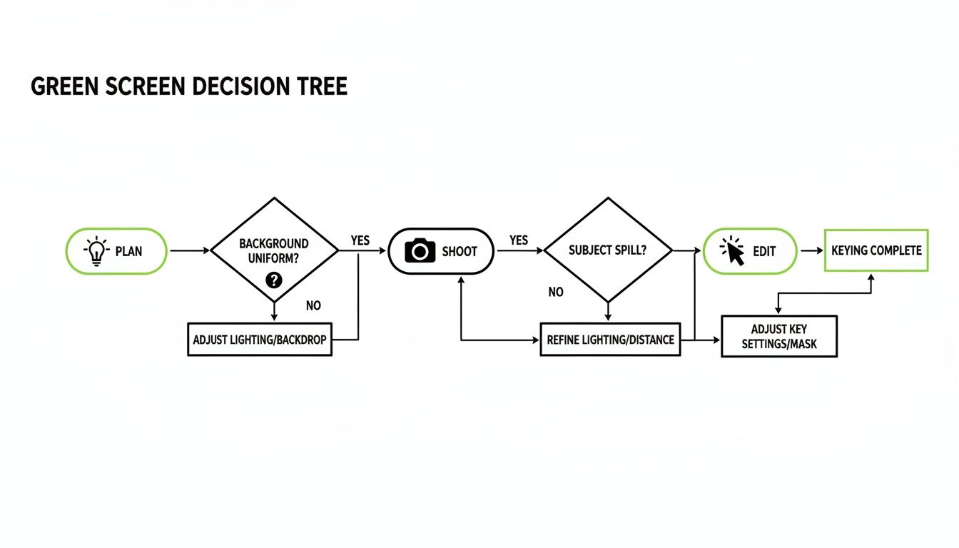 A green screen decision tree flowchart guides users through planning, shooting, and editing steps.