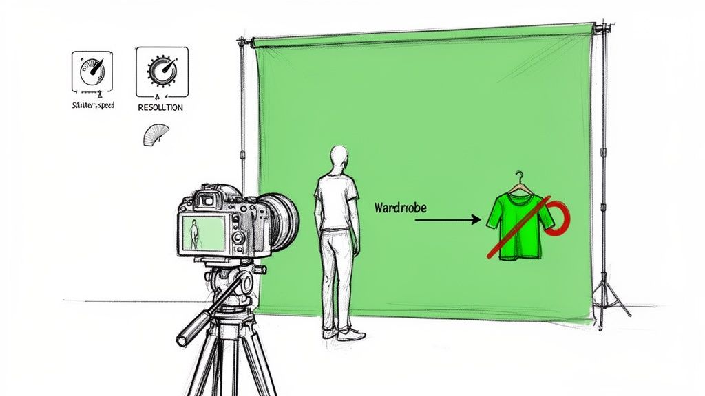 A sketch shows a person in front of a green screen being filmed, with a warning against green clothing.